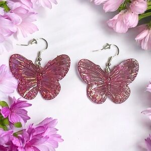 JenDore Handmade Pink Iridescent Butterfly Dangle Earrings